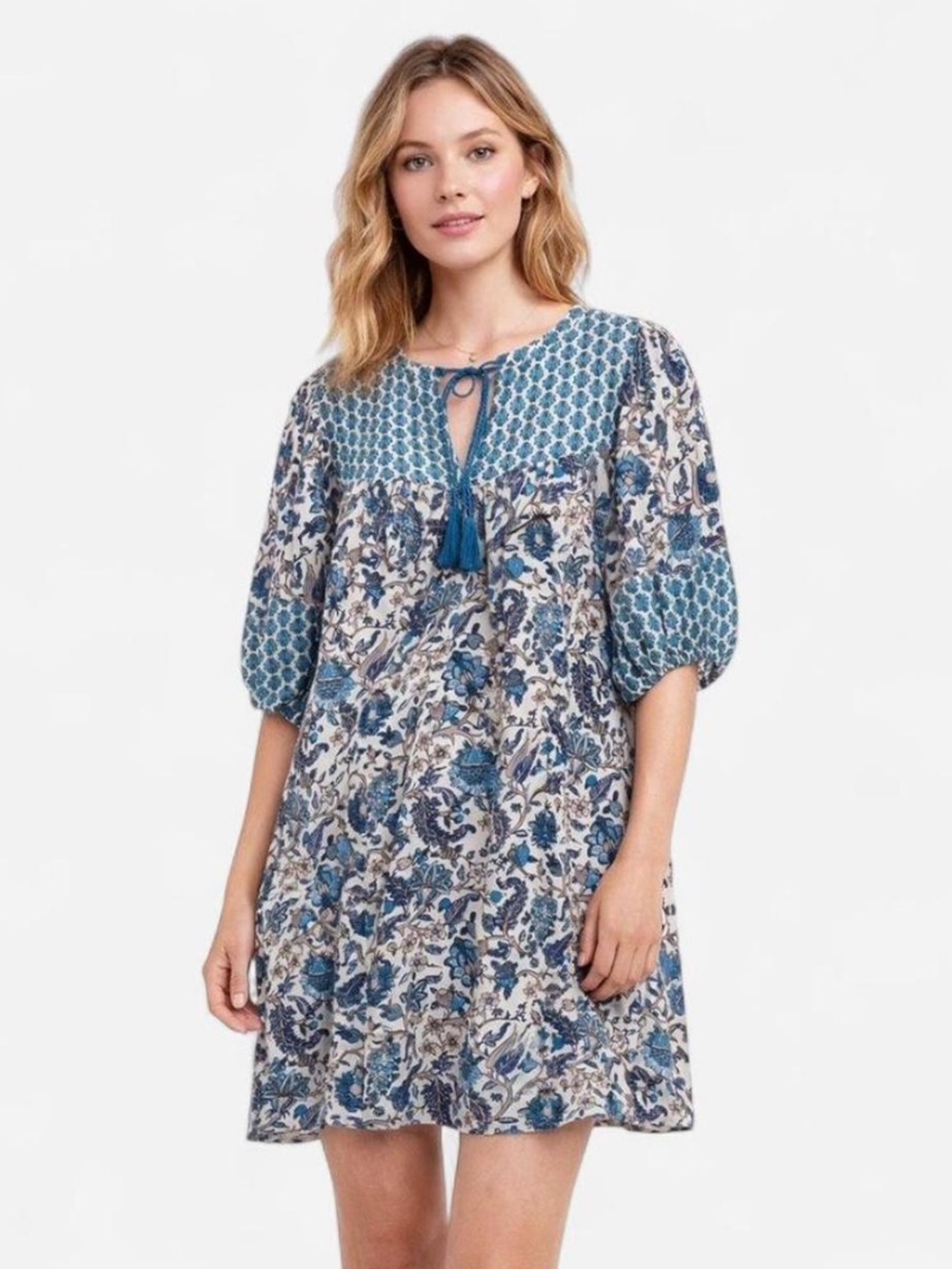 Knox Rose Blue Floral Cotton Peasant Dress with Tie Neck—Size L